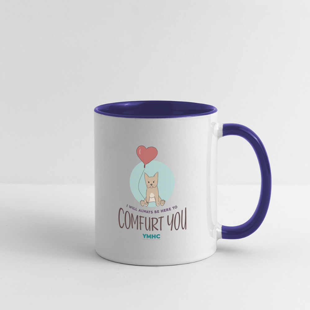 Contrast Coffee Mug - "I will always be here to comfurt you" - white/cobalt blue