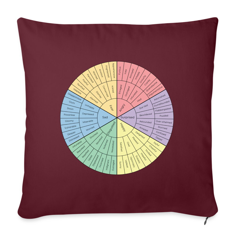 Feelings Wheel Throw Pillow Cover 18” x 18” - burgundy