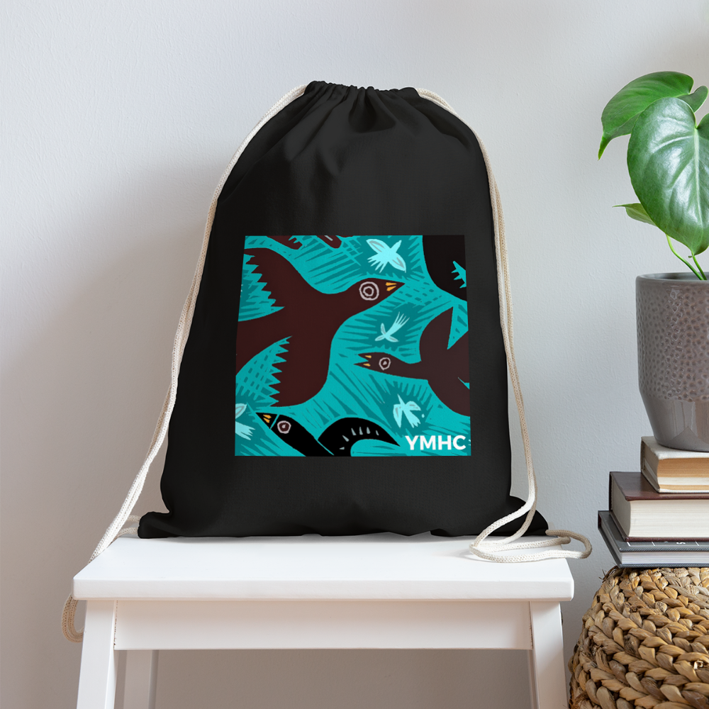 YMHC Birds Cotton Drawstring Bag - black